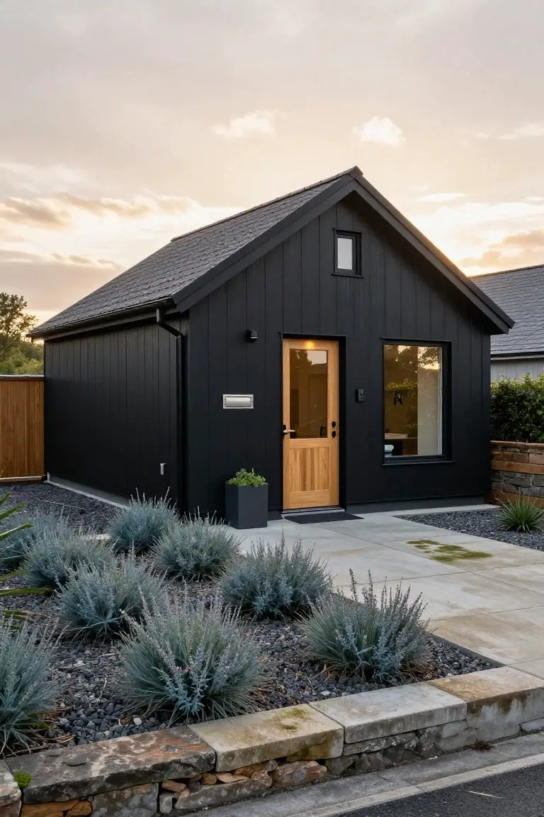 Small black timber-clad gabled house with yellow oak front door, large window, gravel yard with blue agave plants, and stone edging at dusk