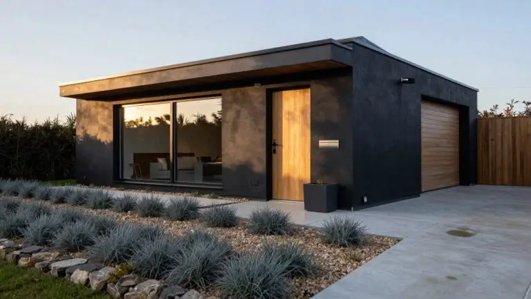 Small black timber-clad gabled house with yellow oak front door, large window, gravel yard with blue agave plants, and stone edging at dusk