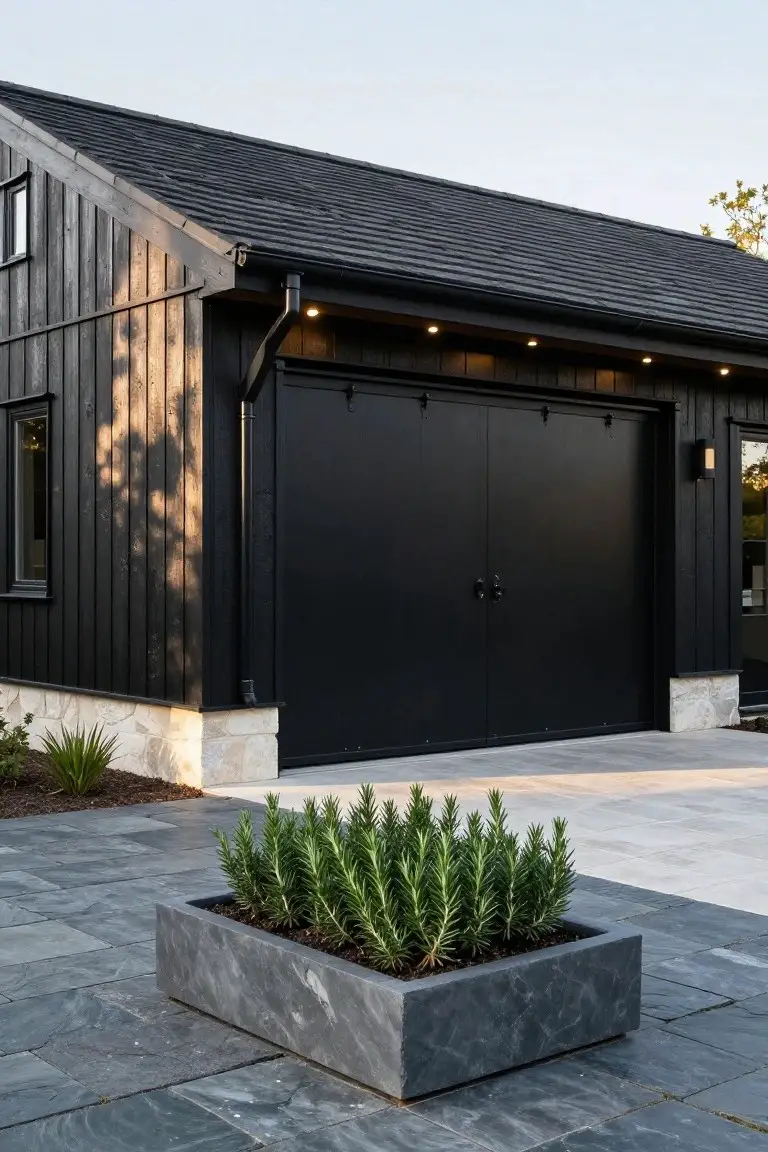Black vertical wood-clad house exterior with large matching black double garage doors, stone base, gray slate pavers, and a gray stone square planter filled with rosemary plants.