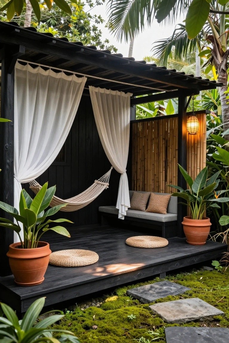 Black wood pavilion on a raised deck with white sheer curtains, beige hammock, gray bench with cushions, potted plants, woven floor mats, bamboo screen, lantern light, and surrounding tropical foliage and mossy stone path.