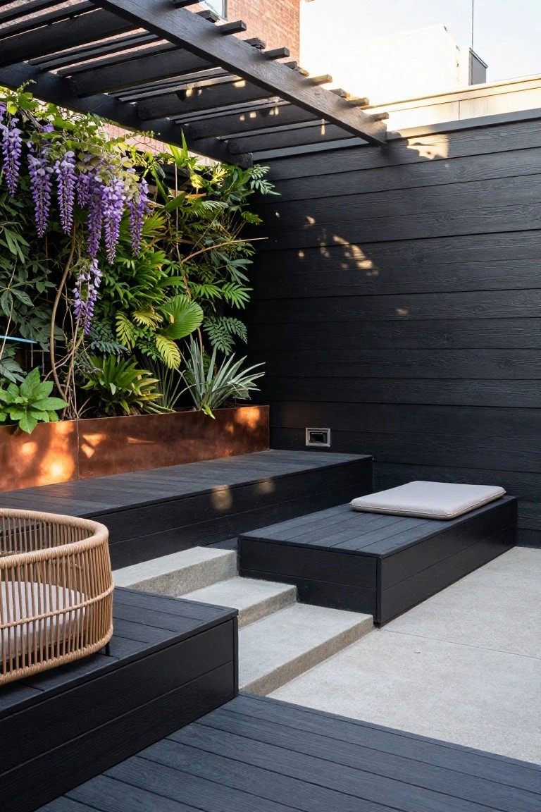 Black wood deck with integrated benches and steps, copper-edged planter, rattan chair with cushion, green wall planting including wisteria, under wooden pergola against brick wall.