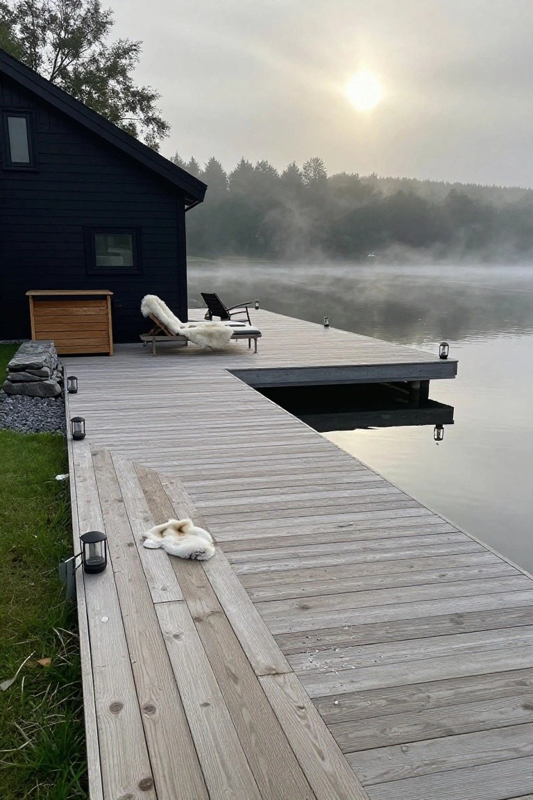 Black wooden house adjacent to a misty lake at sunrise, light gray wooden deck extending from shore to a dock over the water, lounge chairs with white sheepskin rugs on the deck, a white cat lying on the dock, stone-edged path with lanterns.