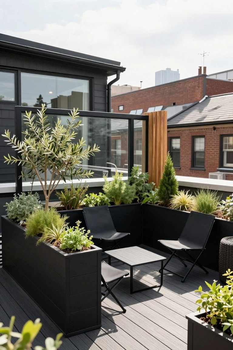 Rooftop deck with L-shaped black planters filled with olive tree, grasses, herbs, and other greenery surrounding two black folding chairs and a small gray table, next to a black house exterior with large glass windows.