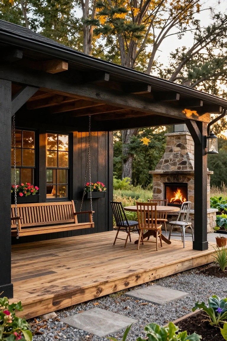 Black wood covered porch with hanging wooden swing bench, round wooden dining table and mixed chairs, stone outdoor fireplace with fire burning, garden beds, gravel path, and trees at sunset.