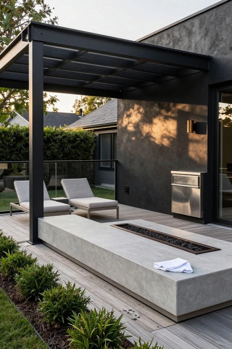 Outdoor deck with black steel pergola overhead, two gray lounge chairs, linear concrete bench with gas fire pit and white towel, stainless steel BBQ cabinet, glass and black metal railing, greenery borders, and textured dark gray house wall with large windows.