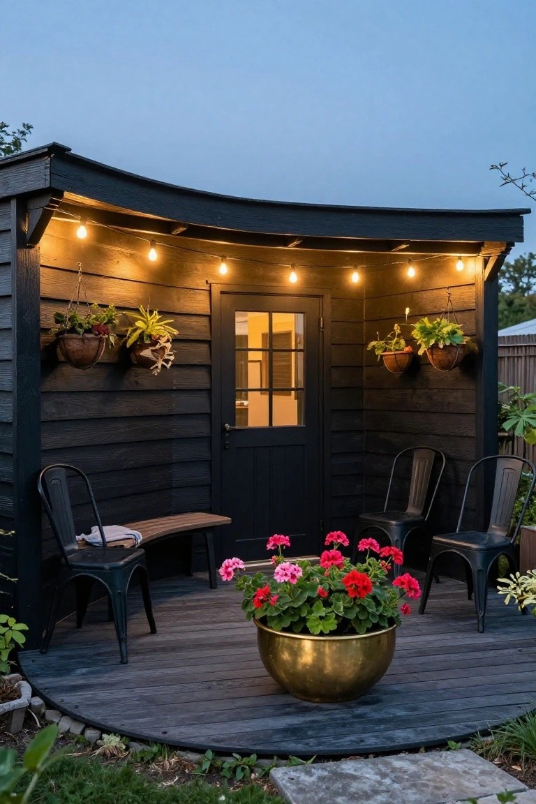 Curved black wooden outdoor shelter with string lights overhead, hanging plants on walls, glass door entry, deck with two black metal chairs, wooden bench, large gold pot of pink geraniums, and surrounding greenery.
