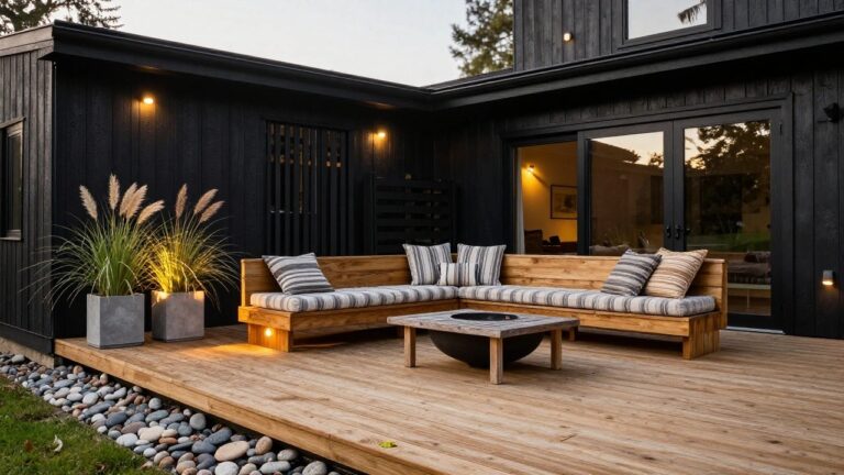 Black wood-sided building with black-framed glass doors and wall lanterns opening onto a light wood deck with a long beige bench piled with striped and textured pillows, rustic wood coffee table, pampas grass in gray pots, steps to a gravel yard with rocks and plants.