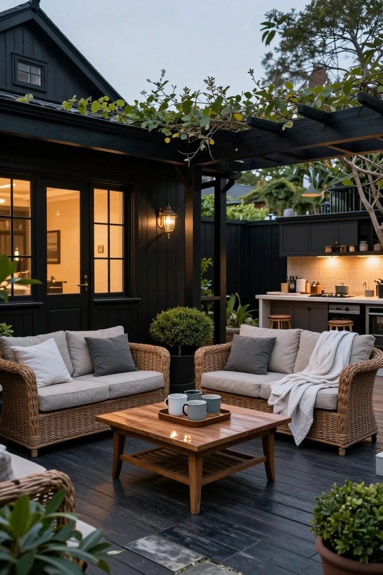 Black wood-clad house with French doors opening to a deck featuring two beige wicker sofas with gray pillows around a wooden coffee table, under a vine-covered pergola, adjacent outdoor kitchen, potted plants, and evening lighting.