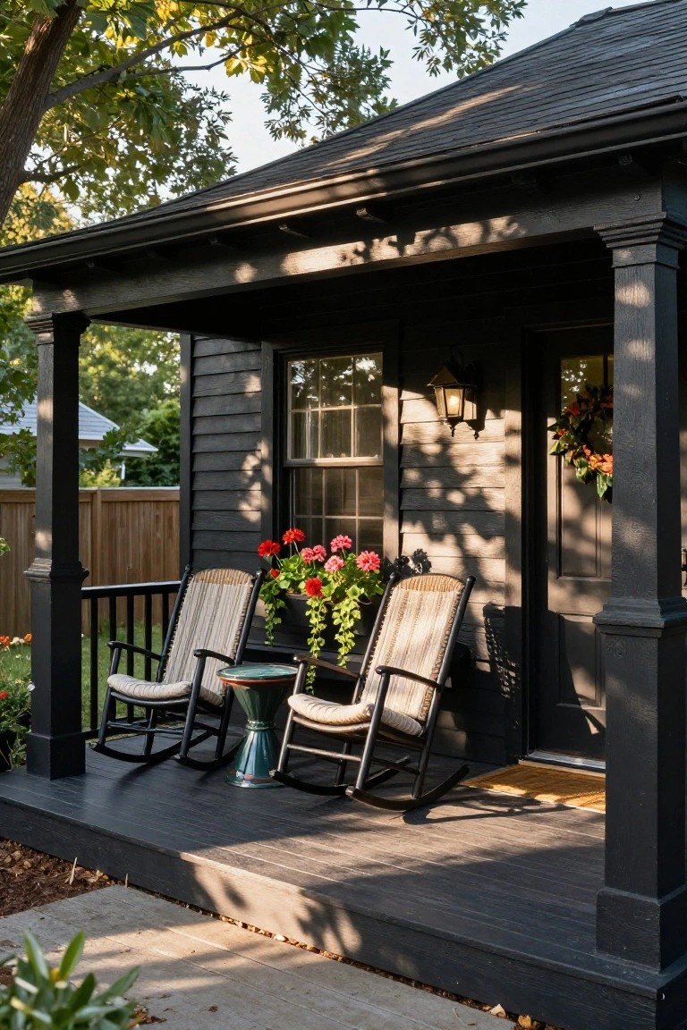 Black shingle house exterior with covered front porch, two striped wicker rocking chairs, small round table, potted red geraniums, lantern light, wreath on door, and wooden deck.