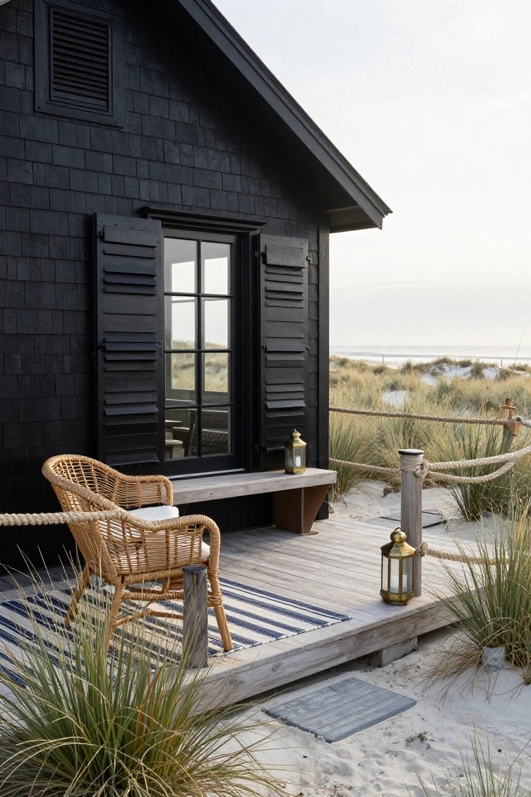 Black shingled house exterior with open louvered shutters and door, adjacent wooden deck holding a wicker armchair, bench, gold lanterns, and rope balustrade amid beach grass and sand dunes.