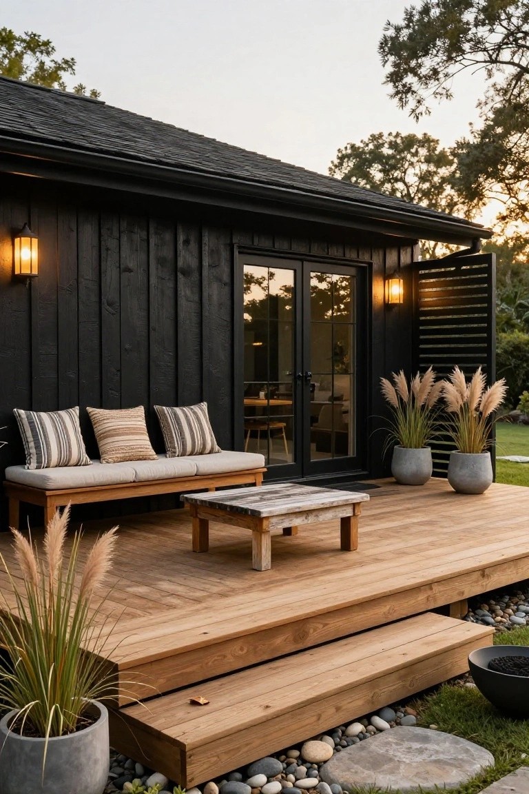 Black wood-sided building with black-framed glass doors and wall lanterns opening onto a light wood deck with a long beige bench piled with striped and textured pillows, rustic wood coffee table, pampas grass in gray pots, steps to a gravel yard with rocks and plants.