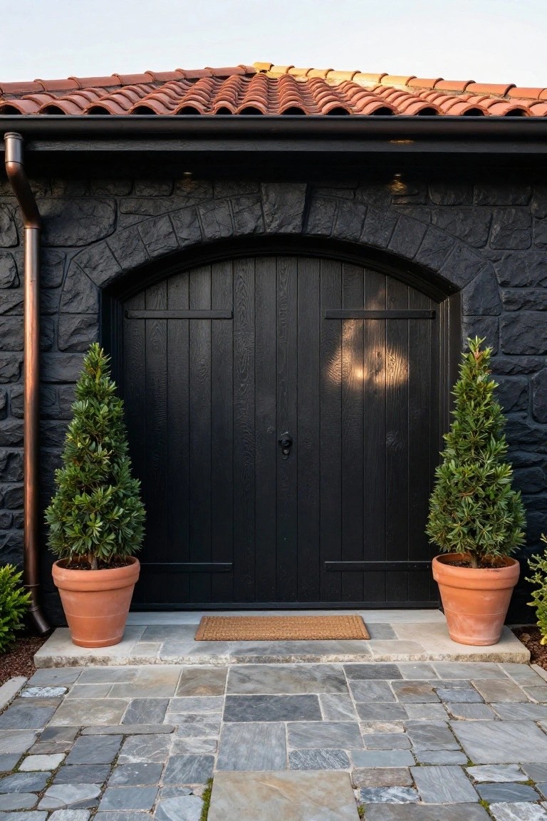 Black arched wooden door centered in a dark stone archway under a terracotta tile roof, flanked by two potted conifer trees in orange pots on a stone pathway with a woven mat doormat.