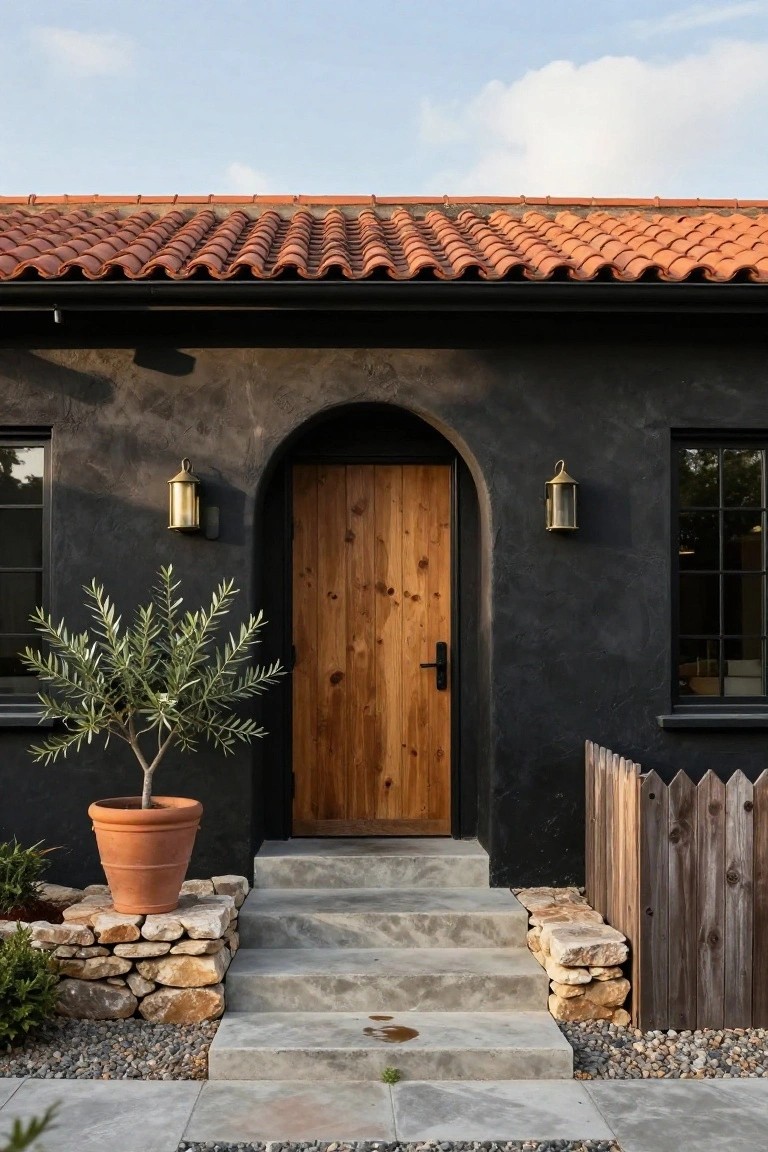 Black stucco house exterior with red terracotta tile roof, arched natural wood front door, flanked by brass lanterns, olive tree in terracotta pot beside concrete entry steps and stone retaining wall.