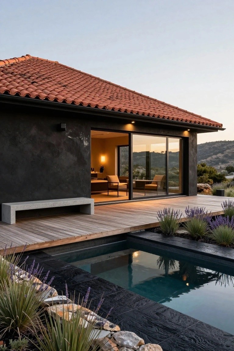 Side exterior view of a black stucco house with terracotta tile roof, large glass sliding doors opening to a wooden deck beside a black-tiled infinity pool, lavender plants, and rocky hillside in the background.