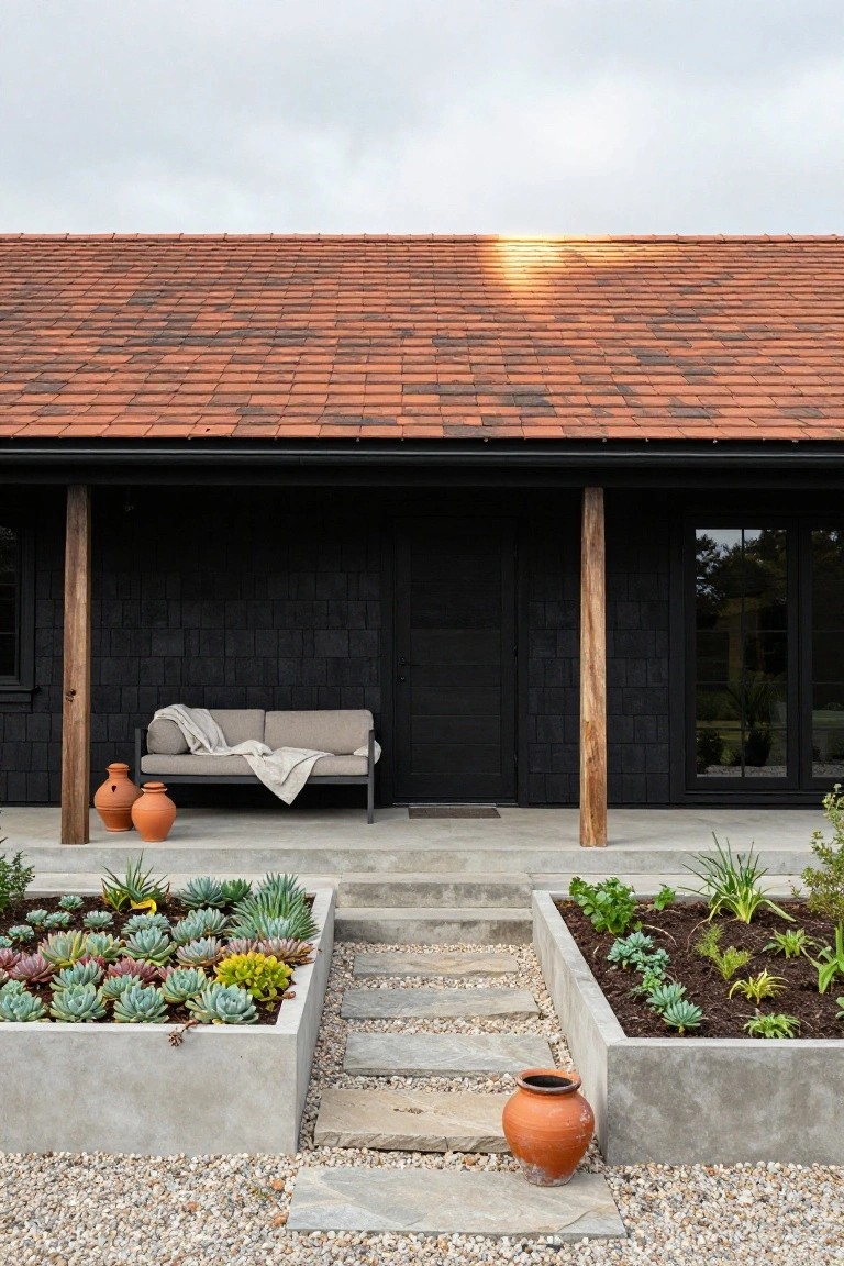Black shingled house exterior with red terracotta roof, covered porch holding gray sofa and throw blanket flanked by terracotta pots, concrete steps leading to raised planters with succulents and vegetables on gravel ground.