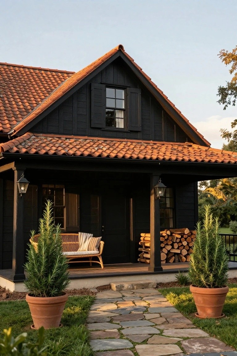 Black gabled house with terracotta tile roof, covered porch displaying rattan bench and firewood stack, flanked by potted rosemary plants, lantern lights on posts, and flagstone path through lawn.