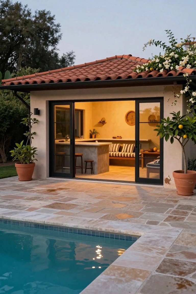 Poolside cabana with beige stucco walls, black sliding glass doors open to an interior kitchenette and seating area, terracotta tile roof, potted plants on a stone-tiled deck next to a rectangular swimming pool.