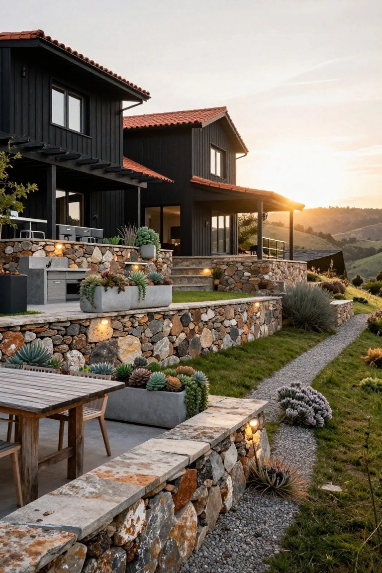 Black House with Terracotta Roof on a Slope