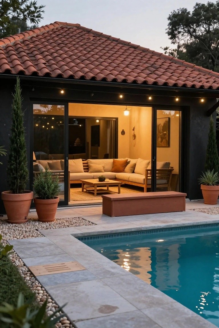 Black-walled structure with terracotta tile roof and open sliding glass doors revealing beige sofa inside, next to a rectangular pool at dusk with potted plants, string lights, and pebble ground cover.