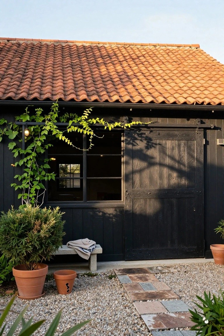 Black wooden shed with terracotta tile roof, sliding barn door with window, climbing vines on one side, potted shrubs and plants, concrete bench with folded blanket, and stone path on gravel ground.