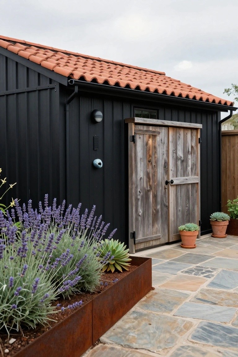 Black corrugated metal shed with red terracotta tile roof, rustic wooden double barn doors, lavender plants in a metal bed, succulents in pots, and stone pavers in front.