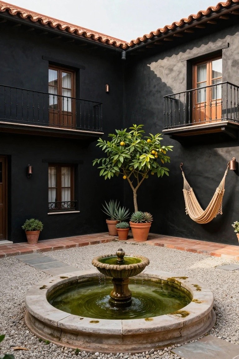 Black stucco walls enclose a gravel courtyard with a central stone fountain, potted succulents and agave plants, a small lemon tree, hanging beige hammock, wooden doors and balcony railings, and terracotta tile roof overhead.