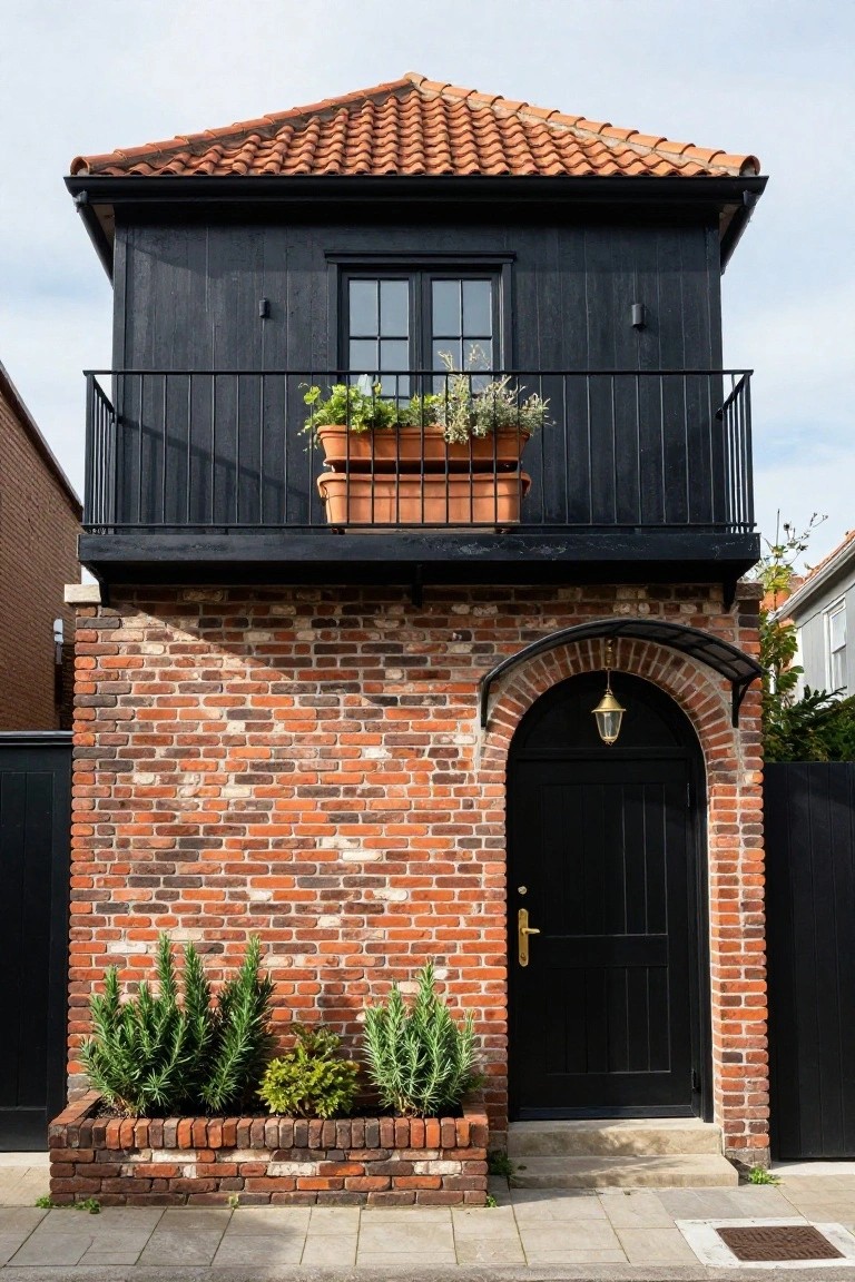 Two-story narrow house exterior with red terracotta tiled roof, black wood-clad upper level featuring a balcony with potted plants, brick base with arched black entry door and gold lantern, flanked by brick planters with shrubs.