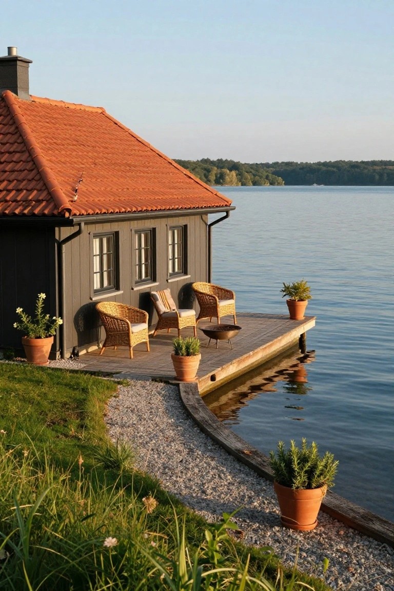 Dark gray house with red terracotta roof and wooden dock extending over a lake, with wicker chairs, fire bowl, and potted plants on the deck.