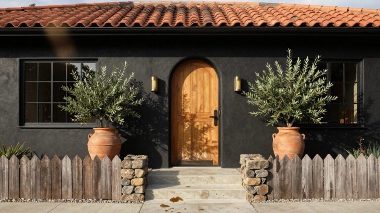 Black stucco house exterior with red terracotta tile roof, arched natural wood front door, flanked by brass lanterns, olive tree in terracotta pot beside concrete entry steps and stone retaining wall.