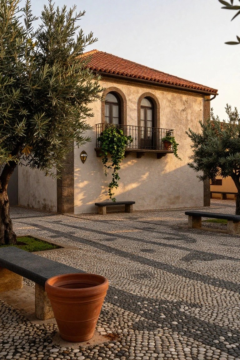 Light stucco house with terracotta tile roof, arched double windows on upper balcony with potted plants and vines, flanked by olive trees, stone benches, large terracotta pot, and pebble courtyard with dark stone paths.