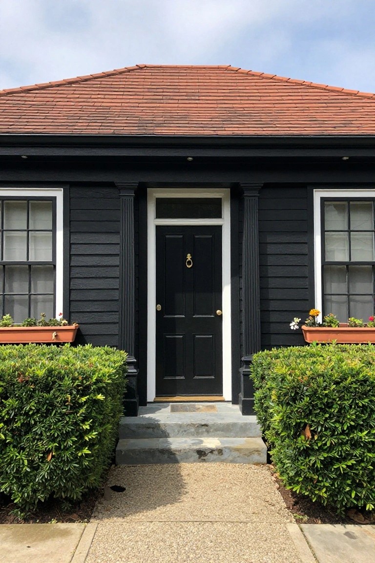Black shingle-clad house facade with white sash windows, paneled front door with brass knocker and knob, fluted white columns, matching terracotta window boxes with flowers, boxwood hedges on each side, terracotta tile roof, and concrete steps to the entry.