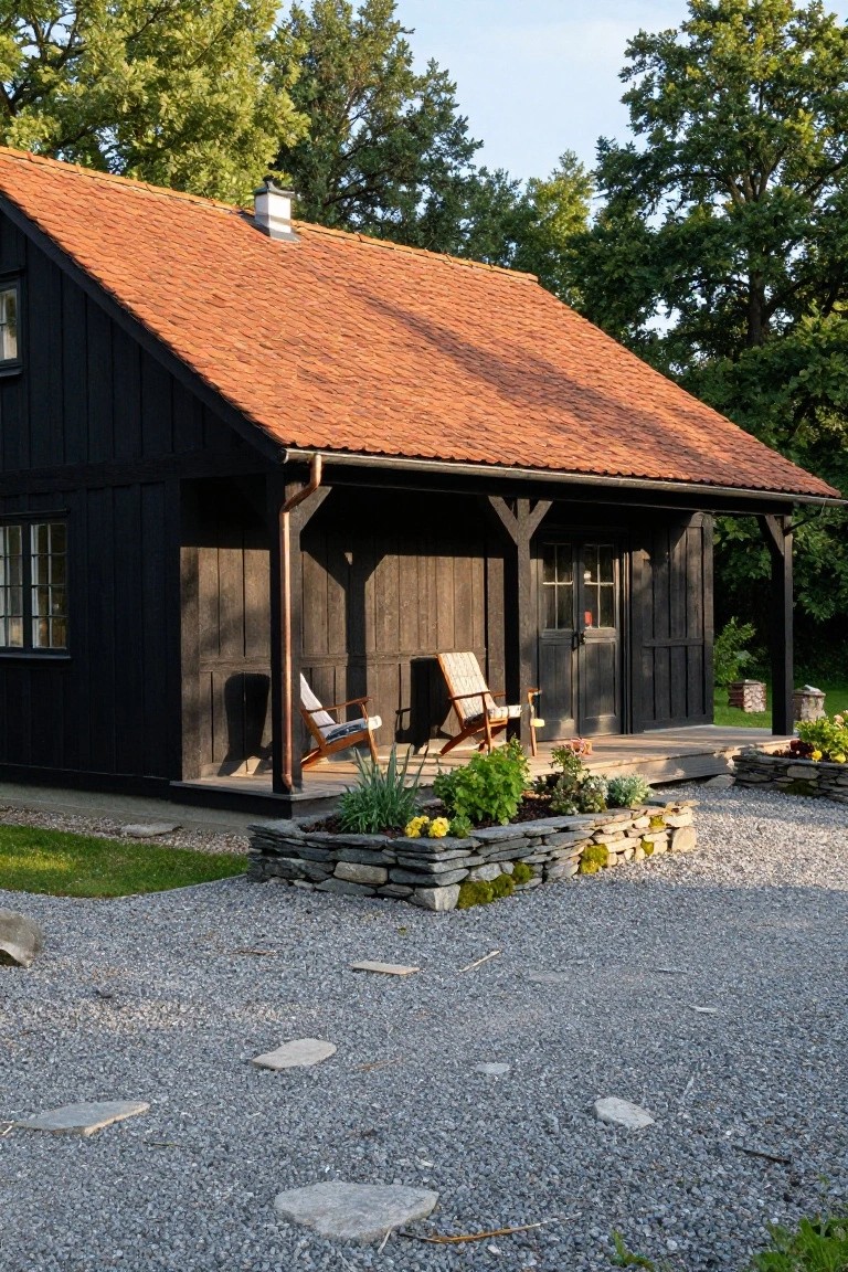 Black wooden house with red terracotta roof, open porch with two chairs, stone planters with flowers, gravel path, and surrounding trees and grass.