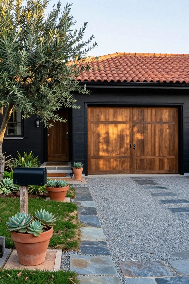 Front exterior of a black-sided house with terracotta tile roof, double wooden garage doors, wooden entry door, olive tree, potted succulents, mailbox, and gravel driveway with stone pavers.