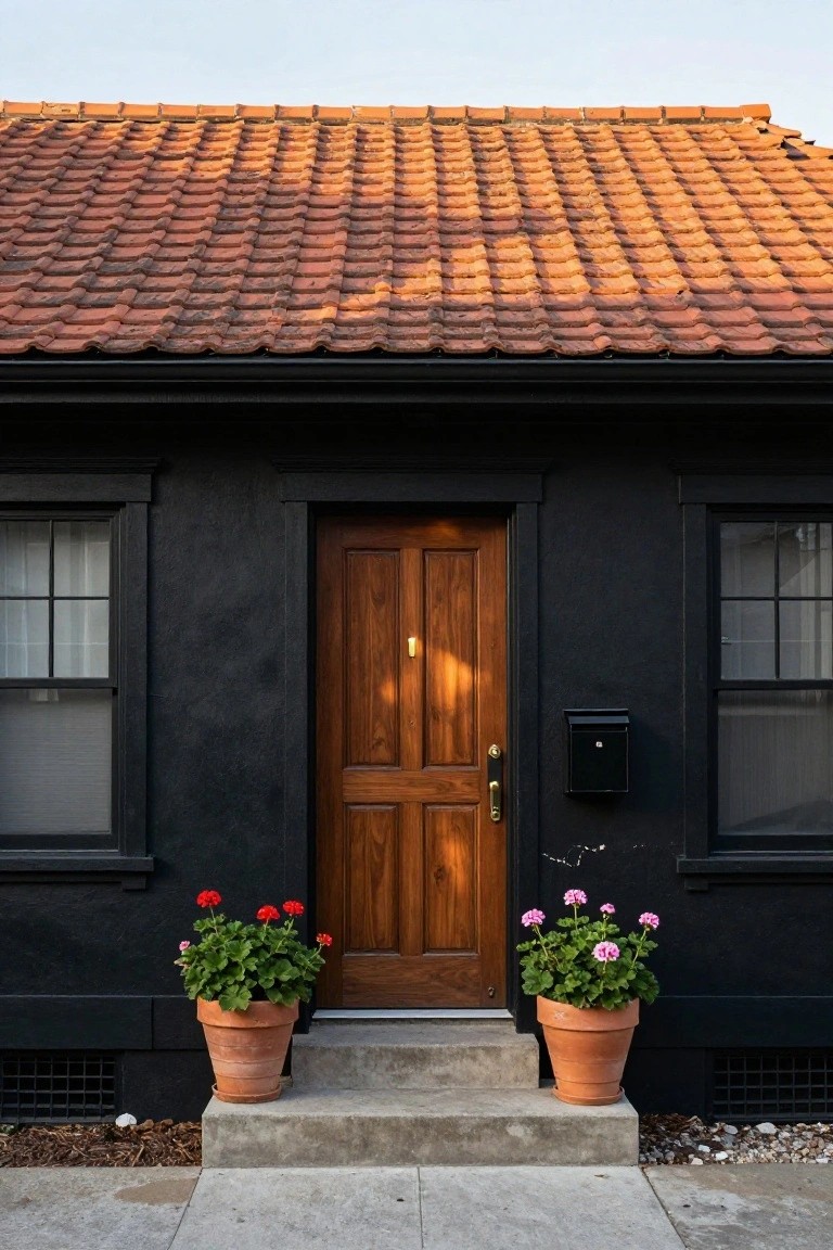Black house exterior with terracotta tile roof, wooden double front door with brass knob, black-framed windows with shades, black mailbox, red and pink geraniums in terracotta pots on concrete steps.