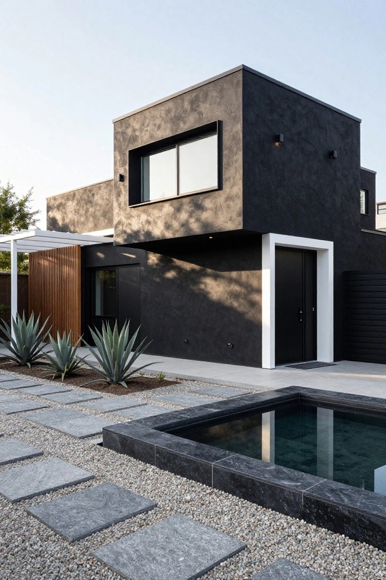 Modern black textured stucco house corner with large dark-framed windows, white-trimmed black double front door, wooden slat pergola, potted agave plants, gray pebble and paver pathway, and black marble-edged reflecting pool in the front yard.