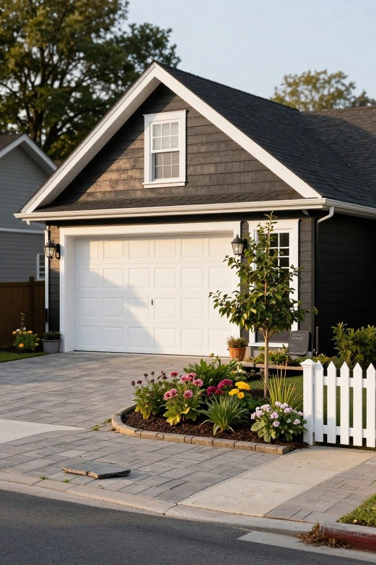 A house with dark gray shingle siding, white trim on windows and eaves, a white garage door, paver driveway, colorful flower beds, and a small white picket fence in the front yard.