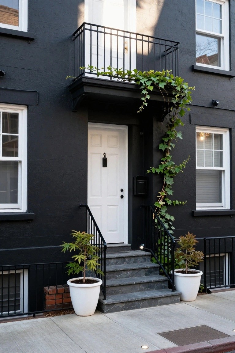 Black painted two-story house exterior with white front door up granite steps flanked by white planters with green plants, climbing ivy on the wall, white window trim, and black metal balcony railing.