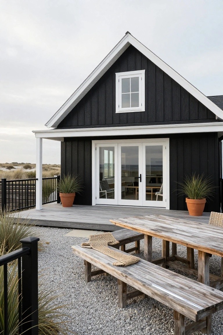 Black gabled house with white trim and vertical board siding, large white sliding glass doors opening to a gray wood deck with benches and potted plants, gravel ground, black railing, and dune grasses nearby.
