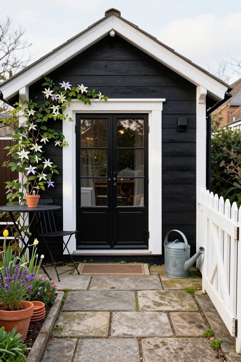 Small black wooden garden shed with white trim around double glass doors, climbing white and purple flowers on the left side, small black metal bistro table and chairs, potted plants, metal watering can, and stone path with white picket fence.