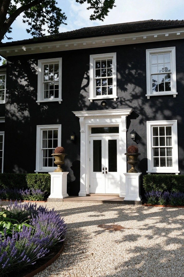 Two-story black clapboard house with white window frames, a central white pedimented portico featuring double doors flanked by urns on pedestals, gravel path, lavender beds, and boxwood shrubs.
