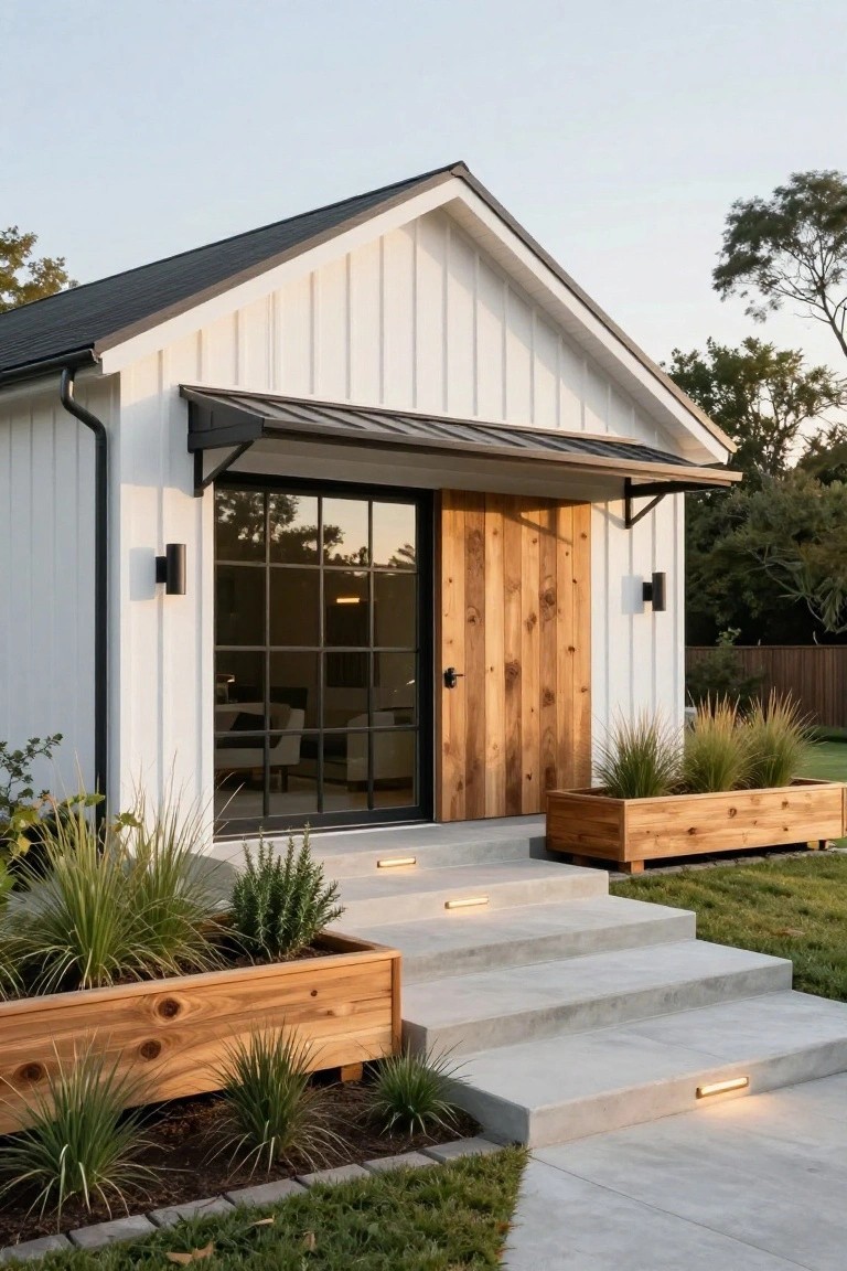 White board-and-batten gabled building with black metal roof, awning, and window frames, a wooden entry door, concrete steps with edge lighting, wooden planters with grasses, and lawn in front.
