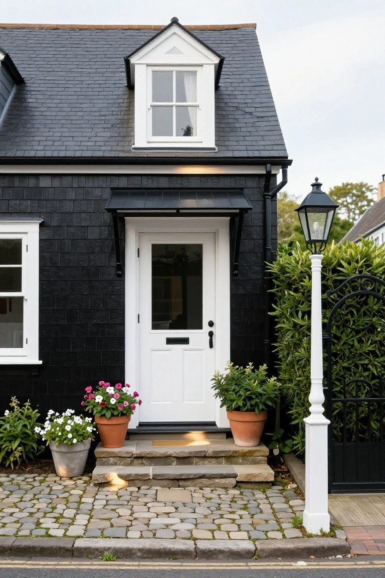 A small black shingle house with white trim on windows and roofline, white front door under black awning, potted pink and white flowers on stone steps, beside a white lamppost and greenery on a cobblestone path.