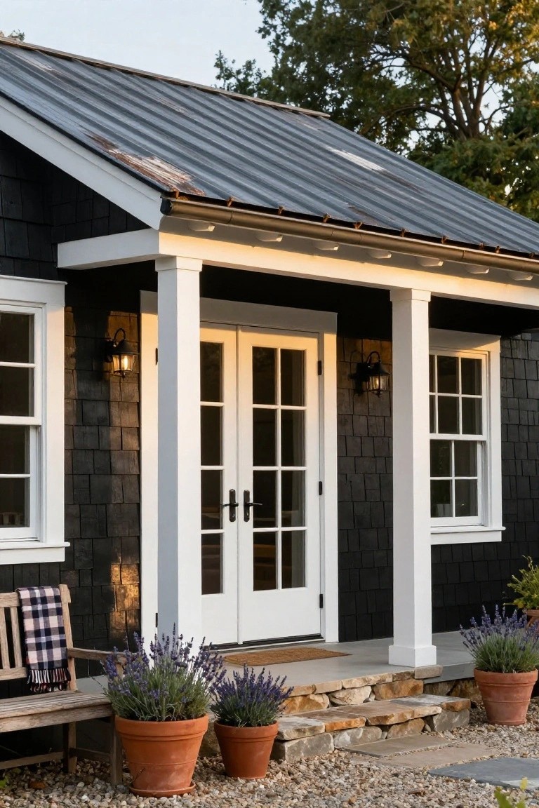Small cottage-style house with dark shingle siding, gray metal roof, white trim around windows and a covered front porch with columns, double white doors, black lanterns, wooden bench with plaid blanket, terracotta pots of lavender, stone steps, and gravel ground.