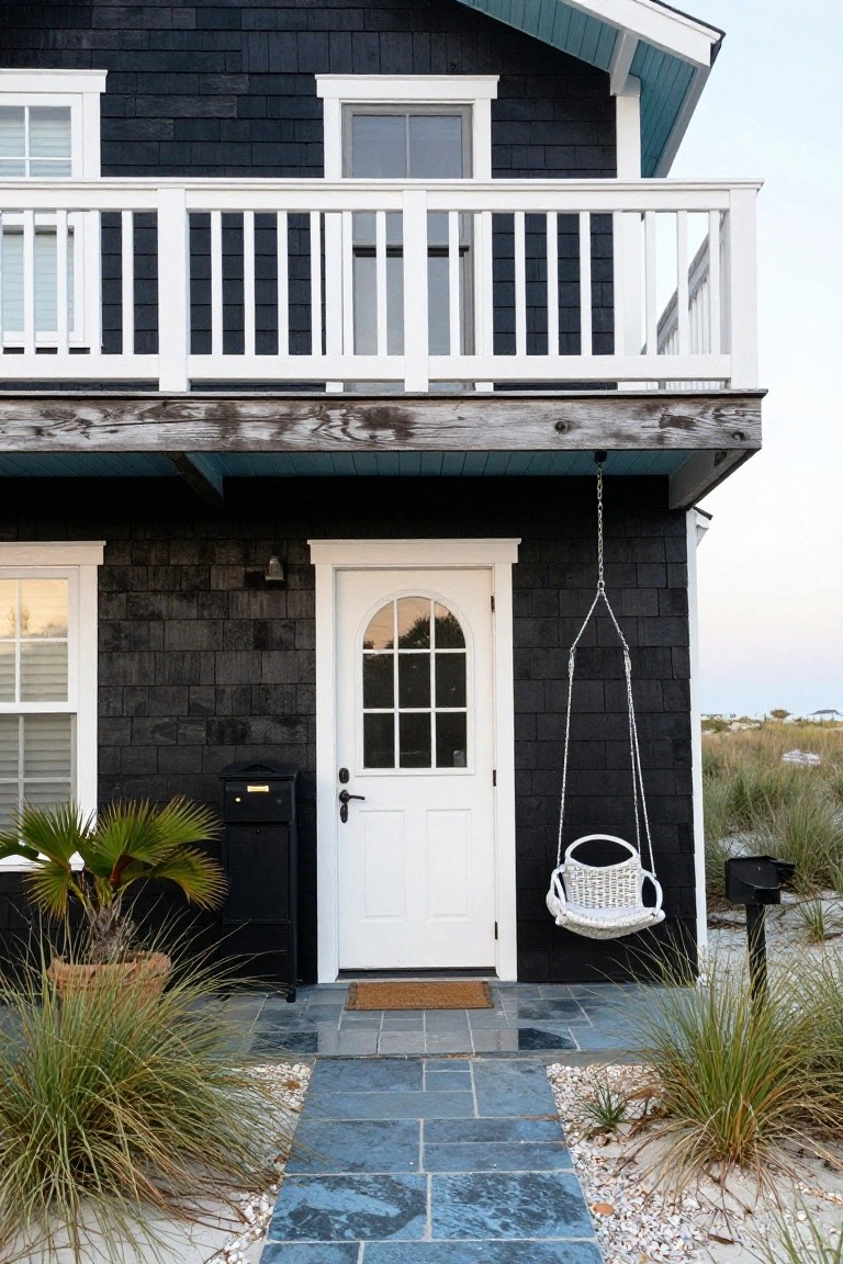 Black shingle house exterior with white trim, arched white front door, hanging white porch swing, potted palm, mailbox, blue stone pathway, and dune grasses in a beach setting.