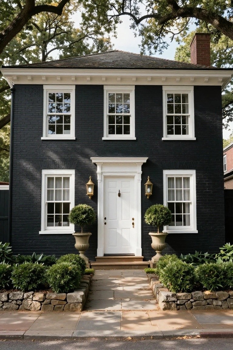 A two-story black brick house with white window frames, white front door, gold lanterns, and topiary plants in urns flanking the entry, bordered by low hedges, stone walls, and a bluestone pathway under oak trees.