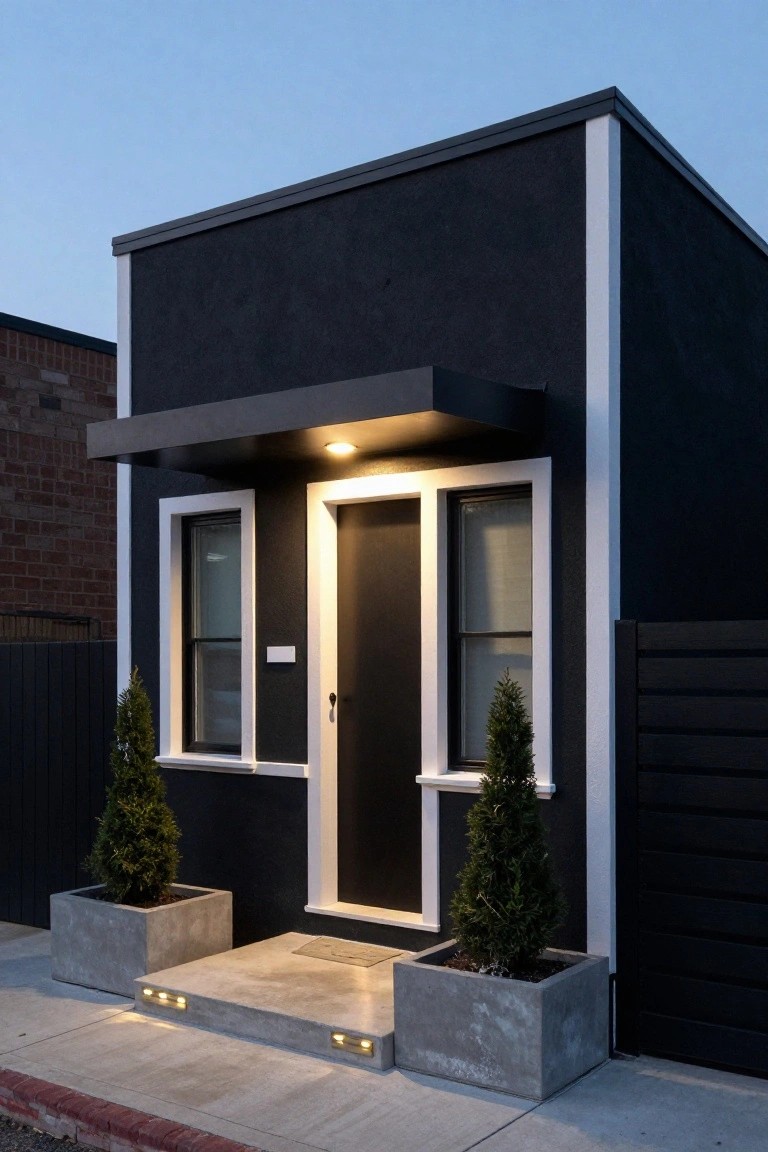Small modern black house exterior with white trim framing the glass door and adjacent windows, flanked by two potted conifer trees in concrete planters, concrete entry steps with low lighting, and a dark fence at dusk.