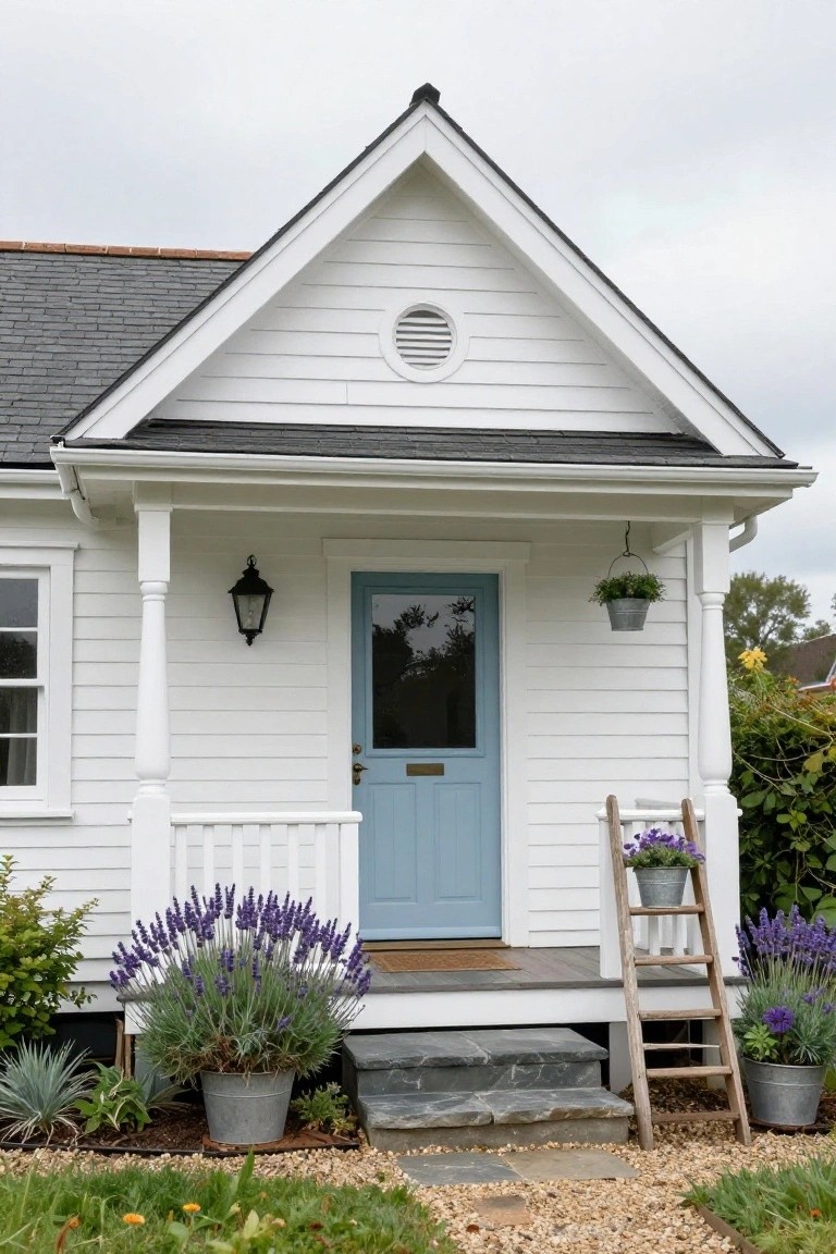 White clapboard cottage with dark slate gable roof, covered porch supported by columns, blue front door with glass panel, lantern light, hanging planter, potted lavender plants, and stone steps leading to gravel path.