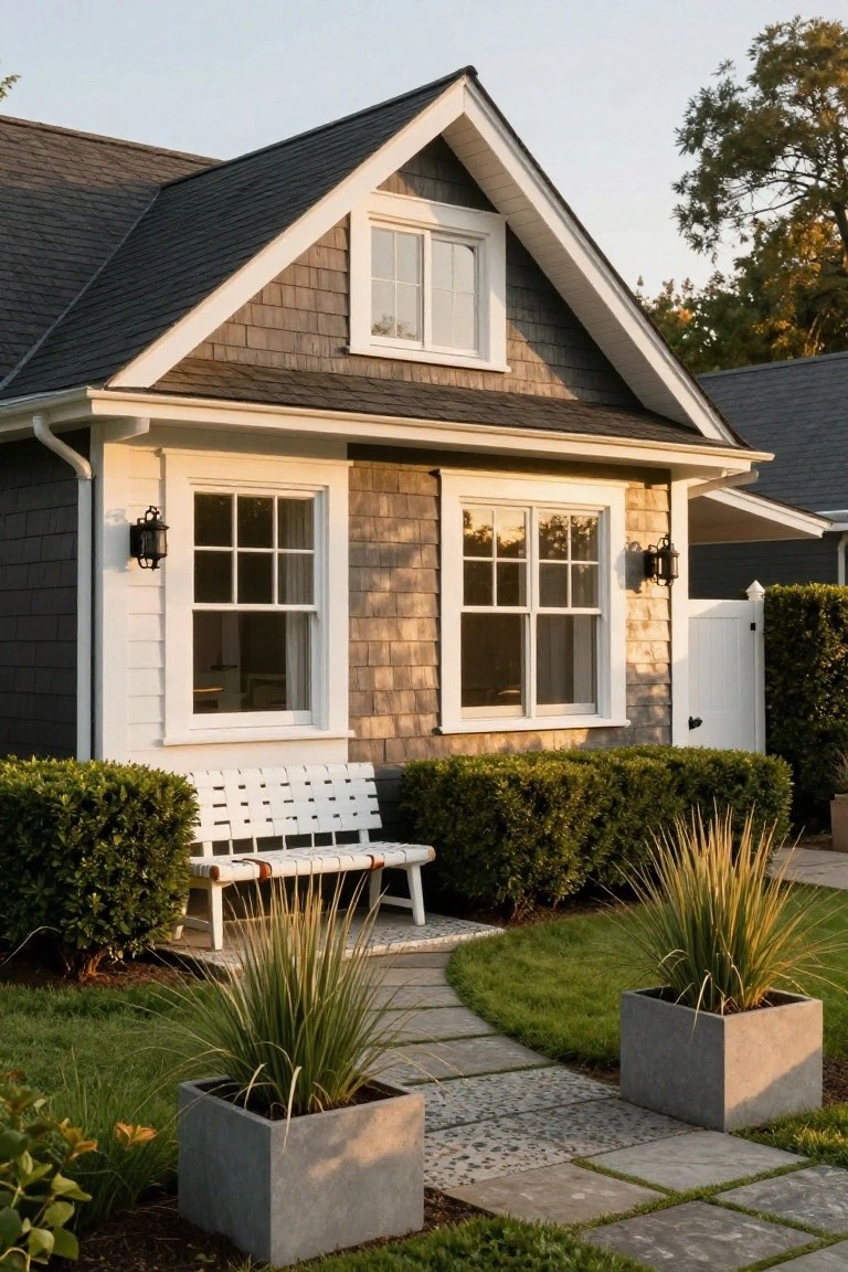 Gray shingle-clad house exterior with white window trim and trim boards, flanked by boxwood hedges, a white slat bench, potted grasses, and a curved stone path.