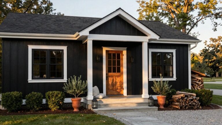 Front exterior of a house with black board-and-batten siding, white trim and columns framing a gabled porch, wooden door with glass panels, lanterns, potted olive tree, firewood stack, boxwood shrubs, and concrete steps leading to a lawn.