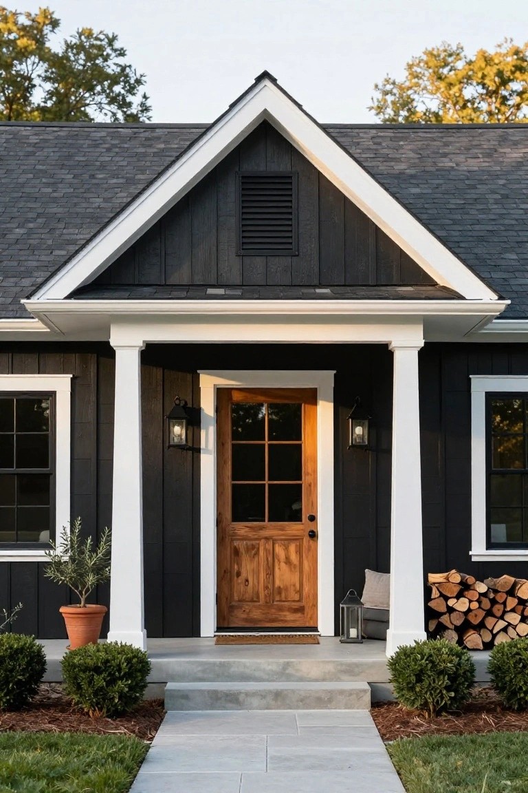 Front exterior of a house with black board-and-batten siding, white trim and columns framing a gabled porch, wooden door with glass panels, lanterns, potted olive tree, firewood stack, boxwood shrubs, and concrete steps leading to a lawn.